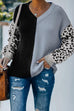 Karleedress V Neck Leopard Splice Color Block Cozy Sweater