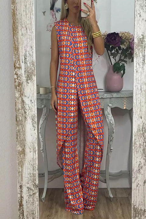 Karleedress Printed High Slit Long Tank Top and Bell Bottoms Pants Set