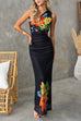 Sleeveless One Shoulder Ruched Floral Print Maxi Dress