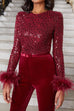 Karleedress Feather-Paneled Long Sleeves Bell Bottoms Sequin Jumpsuit