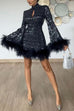 Karleedress Stand Collar Feather Trim Sequin Mini Party Dress