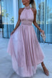 Karleedress Halter Backless Waisted Tulle Maxi Dress