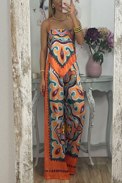 Karleedress Tie Back Irregular Cami Top Wide leg Pants Printed Set