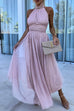 Karleedress Halter Backless Waisted Tulle Maxi Dress