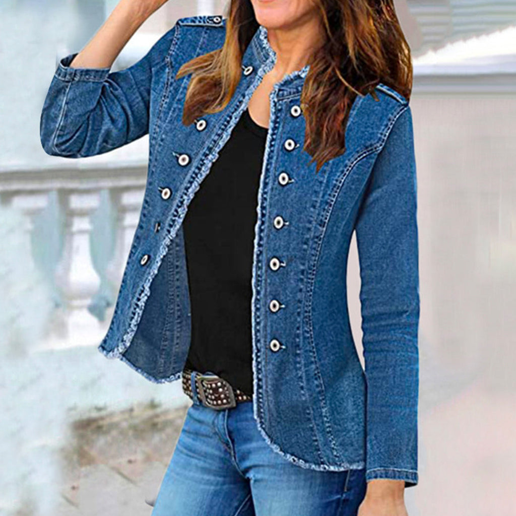 Karleedress Stand Collar Double Breasted Raw Hem Denim Jacket