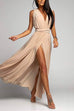 Karleedress V Neck Sleeveless Back Criss Cross High Slit Maxi Party Dress