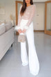 Karleedress Feather-Paneled Long Sleeves Bell Bottoms Sequin Jumpsuit