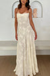 Karleedress Spaghetti Strap Back Lace-up Applique Flower Lace Maxi Dress