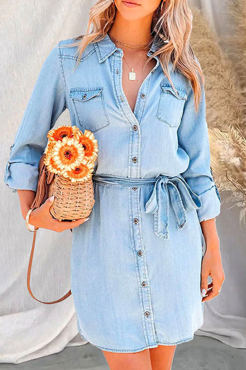 Karleedress Rolled Up Long Sleeves Tie Waist Denim Shirt Dress