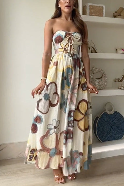 Strapless Lace-up Cut Out Floral Print Swing Maxi Dress