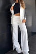 Karleedress Color Block Open Front Blazer Elastic Waist Slit Wide Leg Pants Set