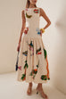 Karleedress Sleeveless Tropic Print Open Back Ruffle Maxi Dress