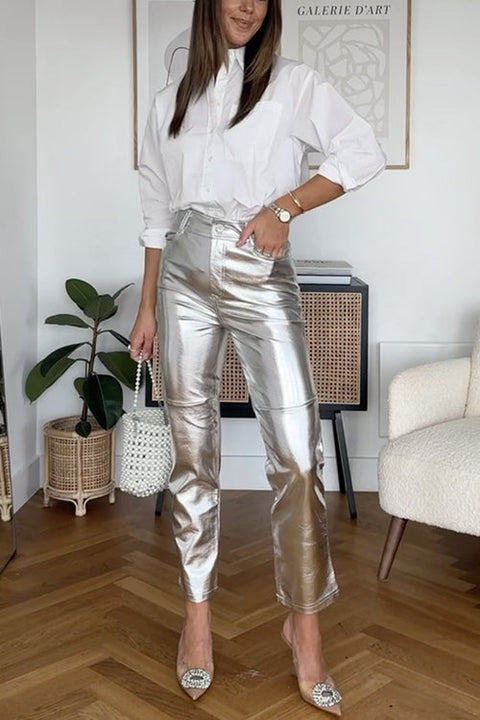 Karleedress High Rise Metallic Faux Leather Cropped Pants