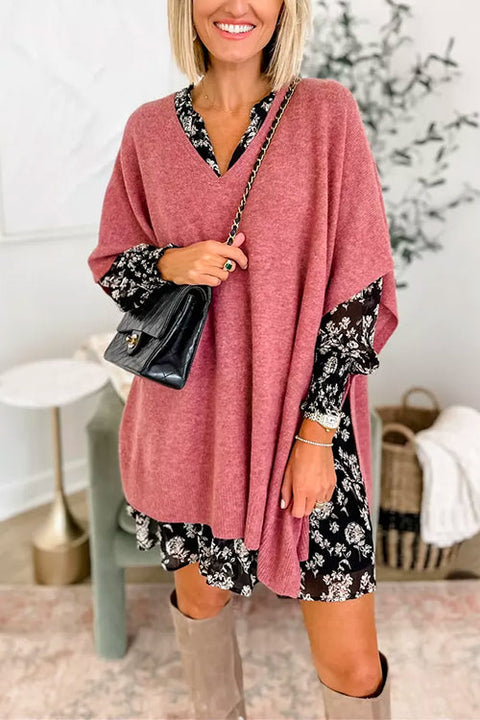 V Neck Loose Fit Solid Poncho Sweater