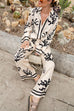 Karleedress Coral Reef Print Long Sleeves Blouse Shirt Wide Leg Pants Satin Set