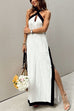 Karleedress Halter Backless Side Split Color Block Cotton Linen Maxi Dress