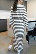 Karleedress Round Neck Side Slit Striped Maxi Dress