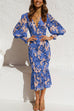 Karleedress V Neck Lantern Sleeve Printed Ruffle Dress