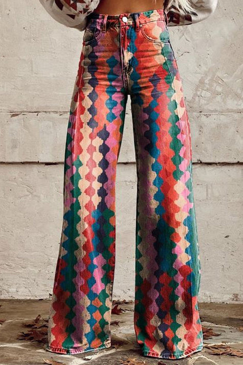 Karleedress High Rise Color Block Printed Wide Leg Pants