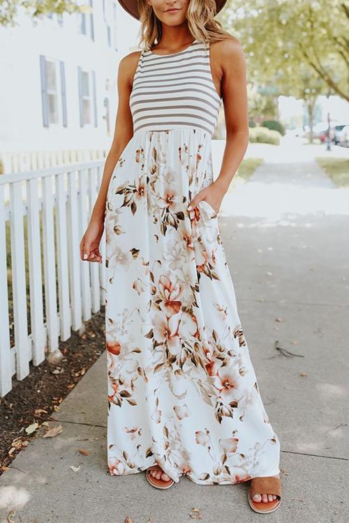 Karleedress Sleeveless Stripes Splice Floral Maxi Dress