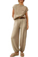 Karleedress Short Sleeves Ribbed Knit Pullover Ruched Harem Pants Set