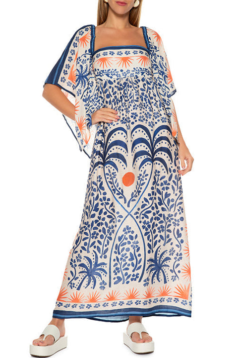 Karleedress Square Collar Flutter Sleeves Printed Maxi Vacation Dress