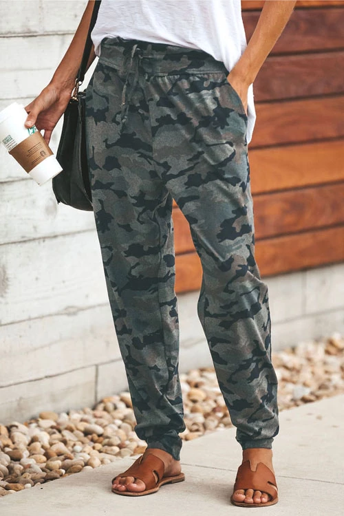 Karleedress High Waist Drawstring Camo Casual Pants