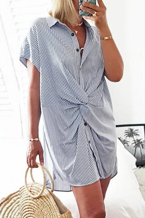 Karleedress Short Sleeve Twist Knot Striped Shirt Dress