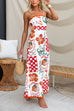 Strapless Ric Rac Trim Printed Maxi Party Dress