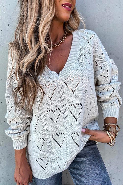 Karleedress V Neck Heart Hollow Out Knit Sweater