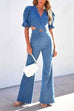 Karleedress V Neck Puff Sleeve Cut Out Bell Bottoms Denim Jumpsuit