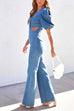 Karleedress V Neck Puff Sleeve Cut Out Bell Bottoms Denim Jumpsuit