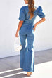 Karleedress V Neck Puff Sleeve Cut Out Bell Bottoms Denim Jumpsuit