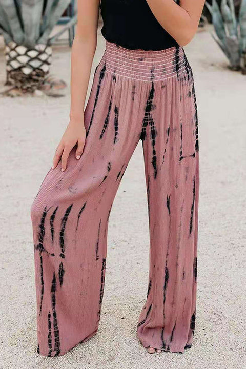 Karleedress Frilled Elastic High Waist Wide Leg Tie Dye Pants