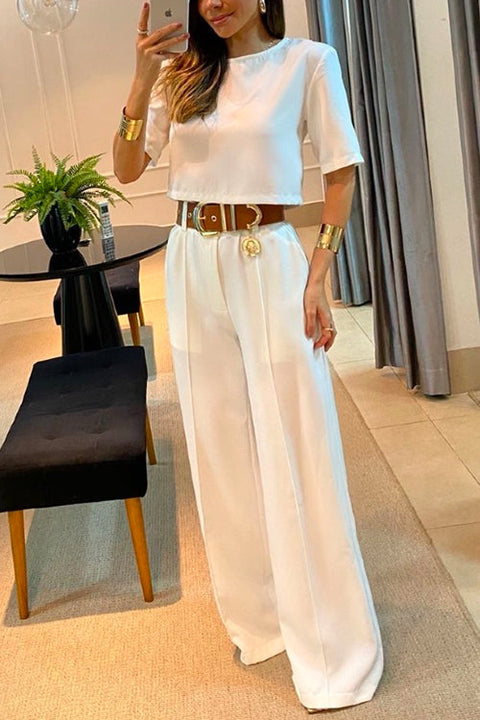 Karleedress Crewneck Short Sleeve Crop Top Wide Leg Palazzo Pants Outfits Set