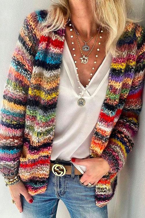 Karleedress Rainbow Stripes Open Front Short Sweater Cardigan