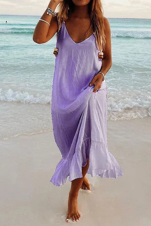 Karleedress Solid V Neck Ruffle Cami Beach Dress