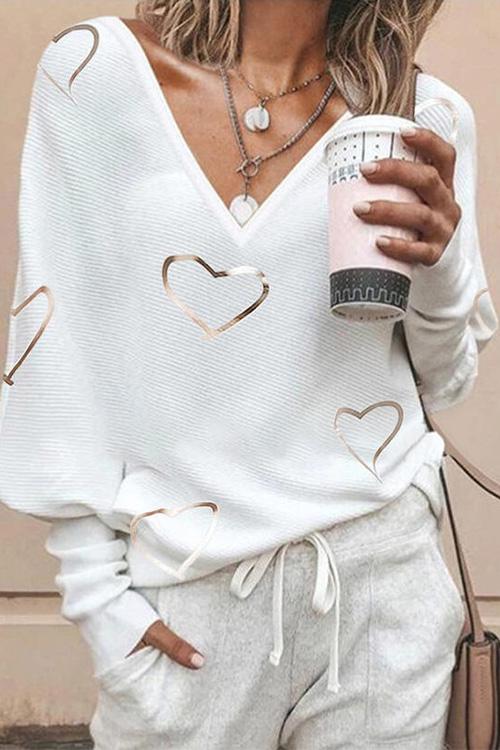 Karleedress V Neck Bronzing Heart Print Pullover Sweater