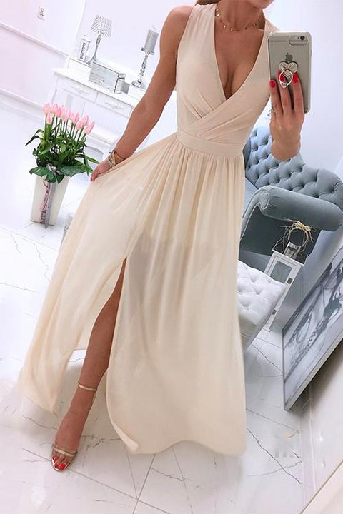 Karleedress  Wrap V Neck Side Split Ruched Sleeveless Party Dress