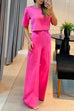 Karleedress Crewneck Short Sleeve Crop Top Wide Leg Palazzo Pants Outfits Set