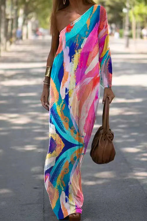 Karleedress One Shoulder Long Sleeve Tie Dye Maxi Holiday Dress