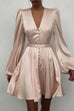 Karleedress V Neck Puff Sleeve Buttons Waisted Satin Dress