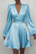 Karleedress V Neck Puff Sleeve Buttons Waisted Satin Dress