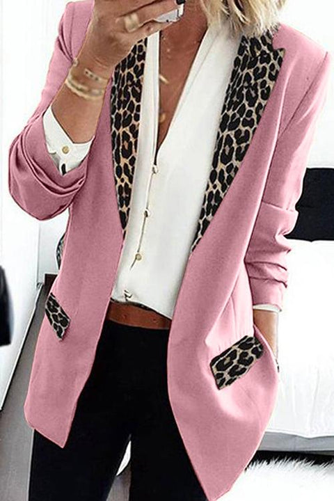 Karleedress Leopard Splice Open Front Long Sleeve Blazer