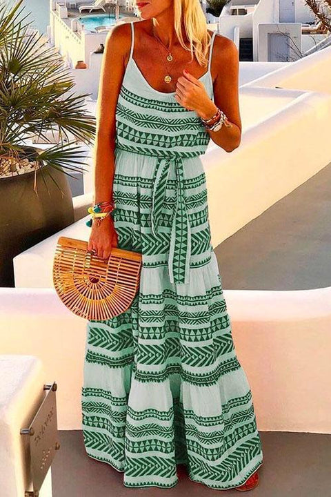 KD V Neck Tie Waist Printed Swing Maxi Cami Dress