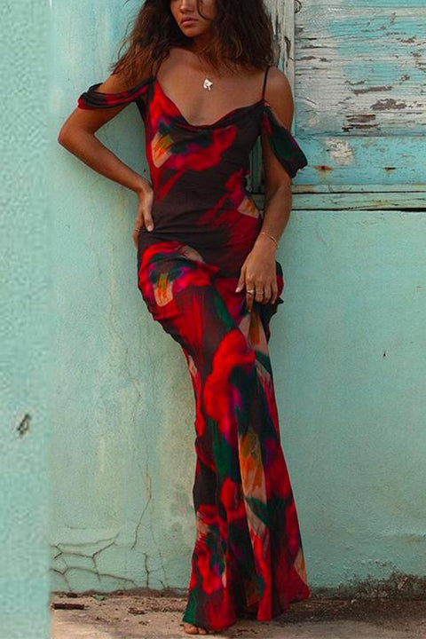 Karleedress Cold Shoulder High Waist Printed Maxi Beach Dress