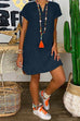 KD Solid V Neck Short Sleeve Cotton Linen Dress