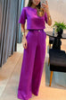 Karleedress Crewneck Short Sleeve Crop Top Wide Leg Palazzo Pants Outfits Set