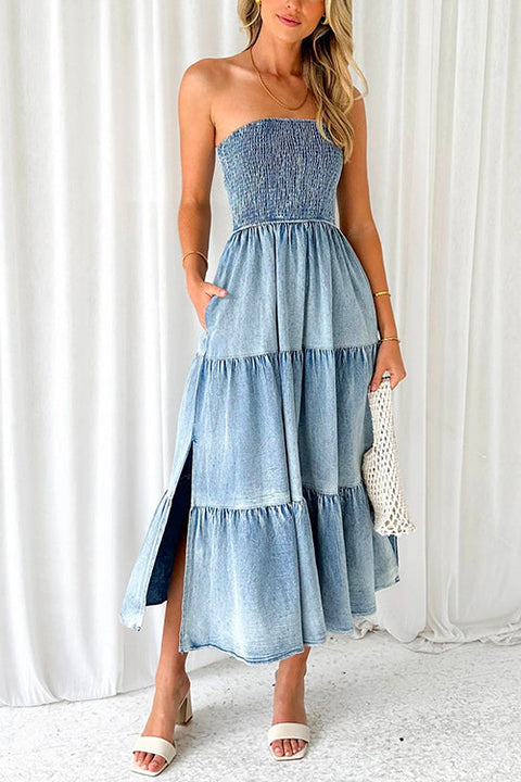 Karleedress Strapless Tube Side Slit Ruffle Tiered Denim Dress