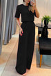 Karleedress Crewneck Short Sleeve Crop Top Wide Leg Palazzo Pants Outfits Set